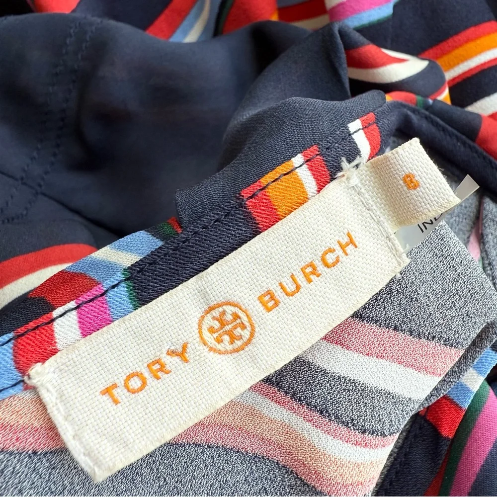 Tory Burch Amelia Navy Blue Multicolor Stripe Ruffled Wrap Blouse Top Sz 8